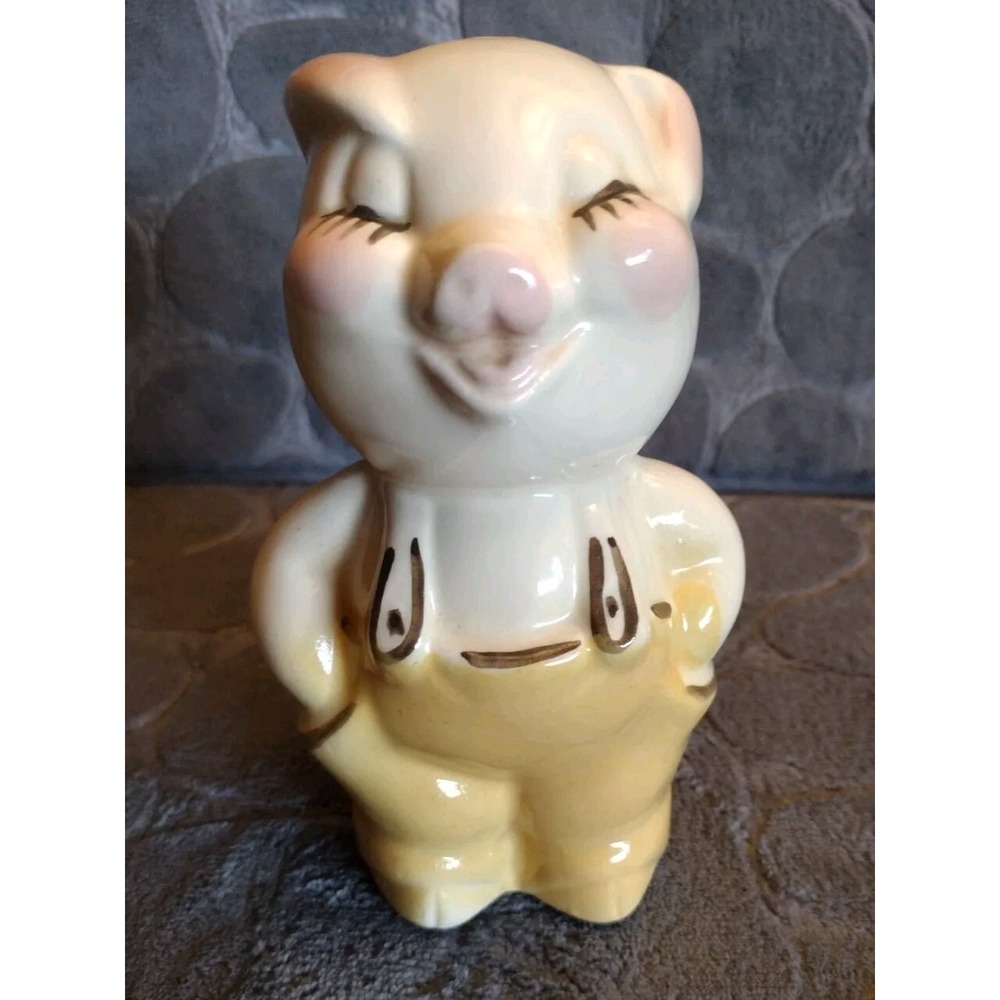 Vintage Ceramic Winking Pig Coin Bank Yellow Overalls Figurine 7 Inch